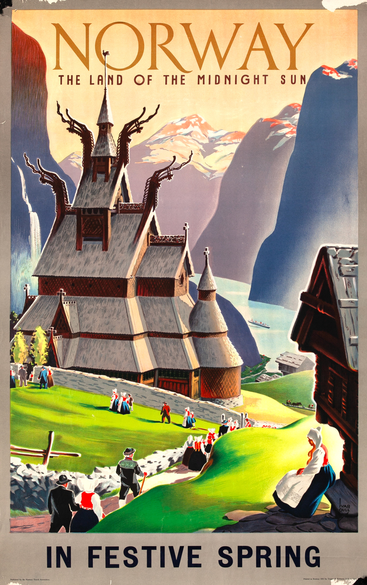 Norway The Land of the Midnight Sun in Festive Spring Original Travel Poster