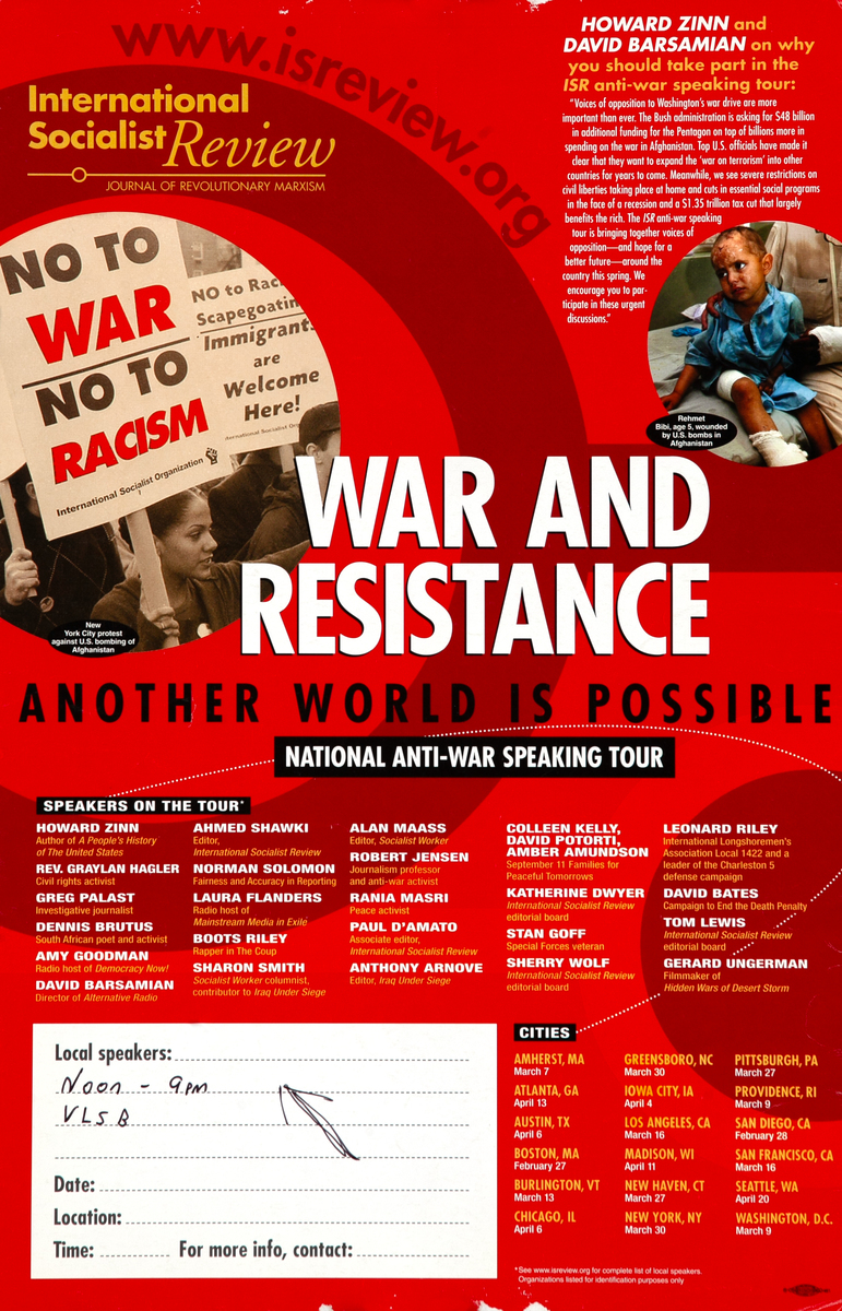 War and Resistance Another World is Possible Original National Anti-War Speaking Tour Protest Poster