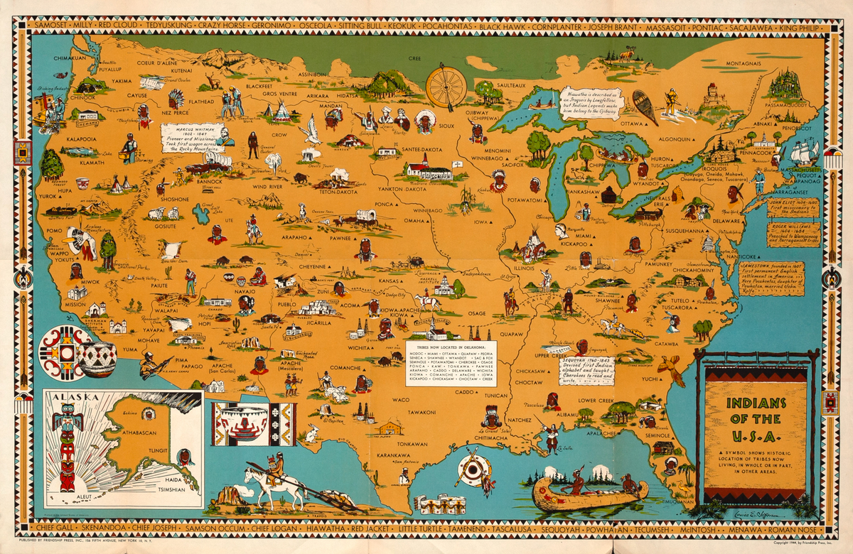 Indians of The USA Native American Tribes Historical Vintage Map Poster