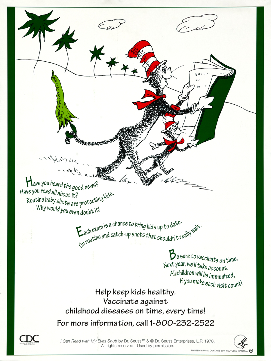 I Can Read with My Eyes Shut Original CDC Dr. Seuss Immunization Poster - The  Cat in a Hat 