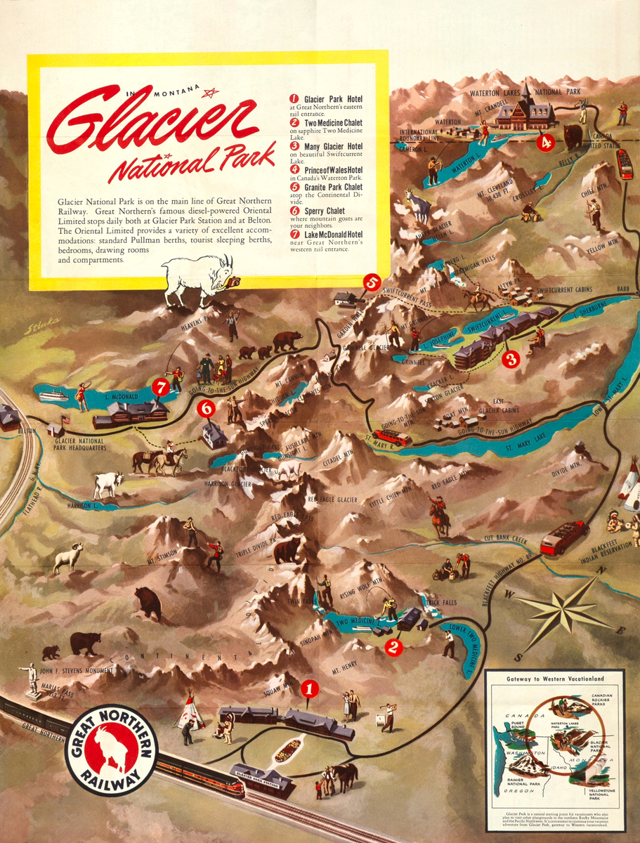 Glacier National Park Original Great Northern Railway Travel Map