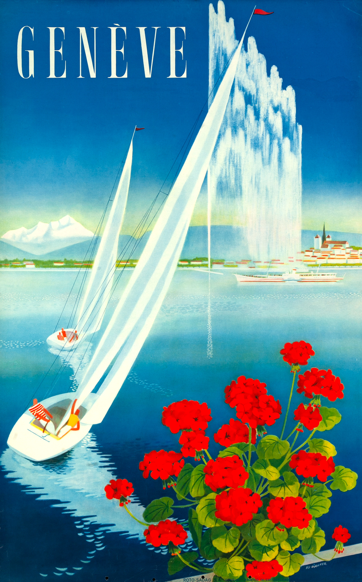 Geneve Switzerland Lake Original Travel Poster French Language