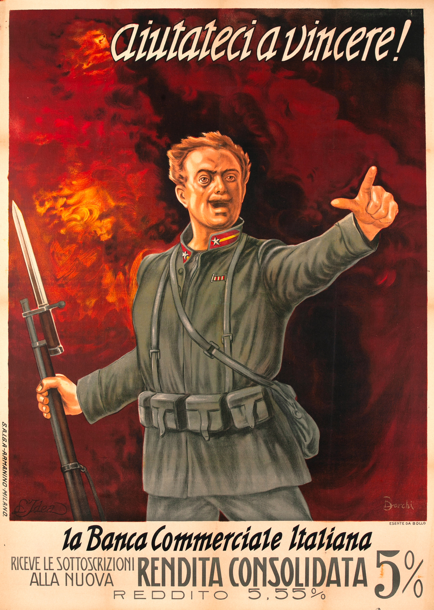 Help Us Win! Original WWI Italian Poster - La Banca Commerciale Italiana Aiutateci a Vincere! Rendita Consolidata 5%