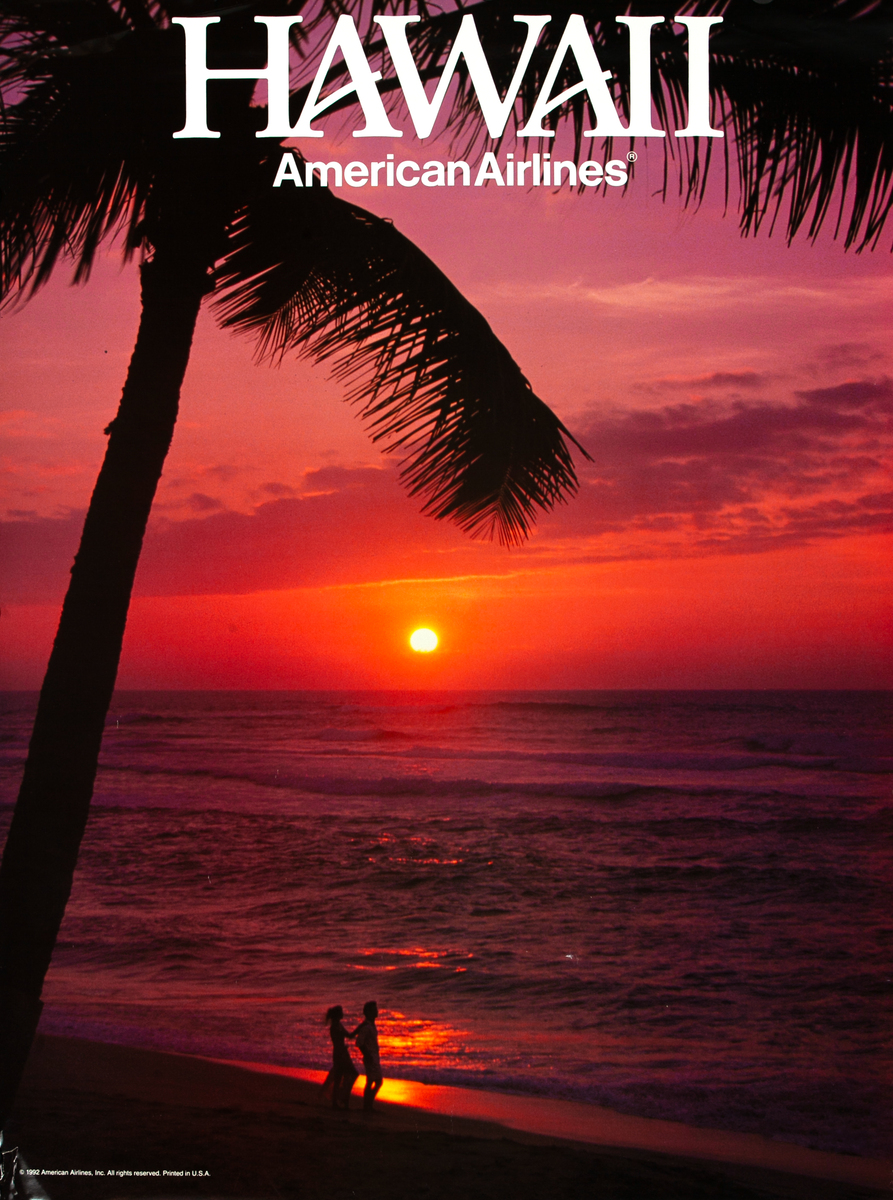 Hawaii Original American Airlines Travel Poster Couple Walking on Beach Sunset