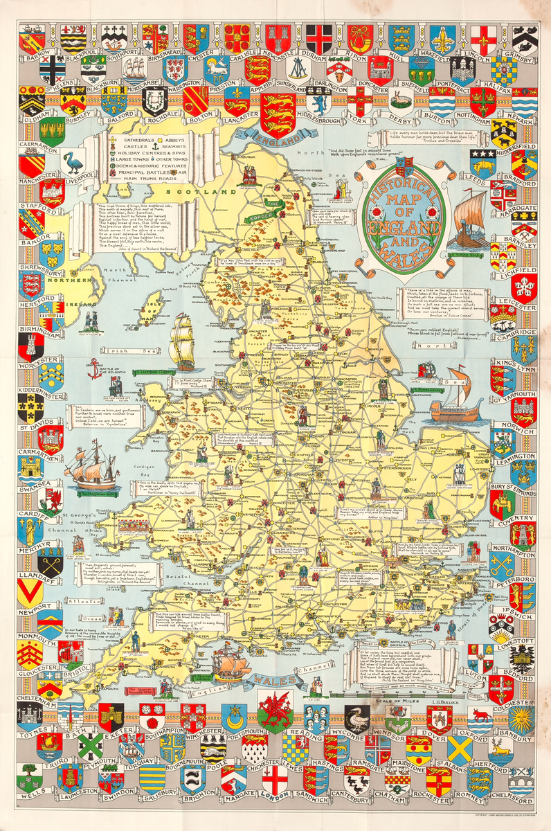 Historical Map of England and Wales Original Travel Brochure 