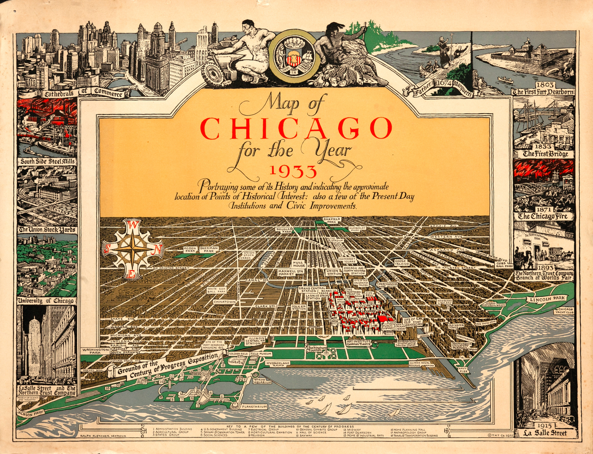 Map of Chicago for the Year 1933 Original Chicago Worlds Fair Poster