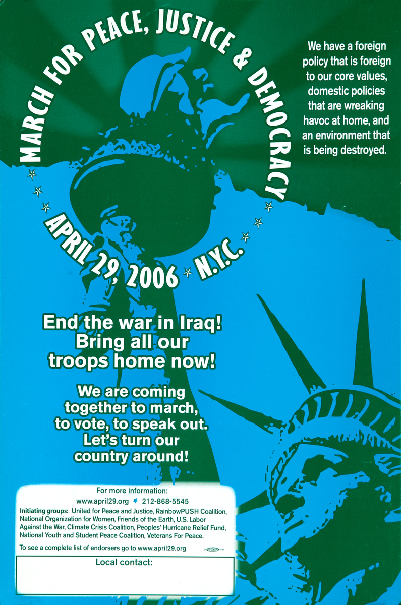 March for Peace, Justice & Democracy April 29, 2006 NYC Original Protest Poster