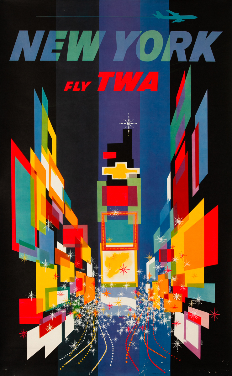 New York Fly TWA Times Square Original Travel Poster, Broadway at Night Jet