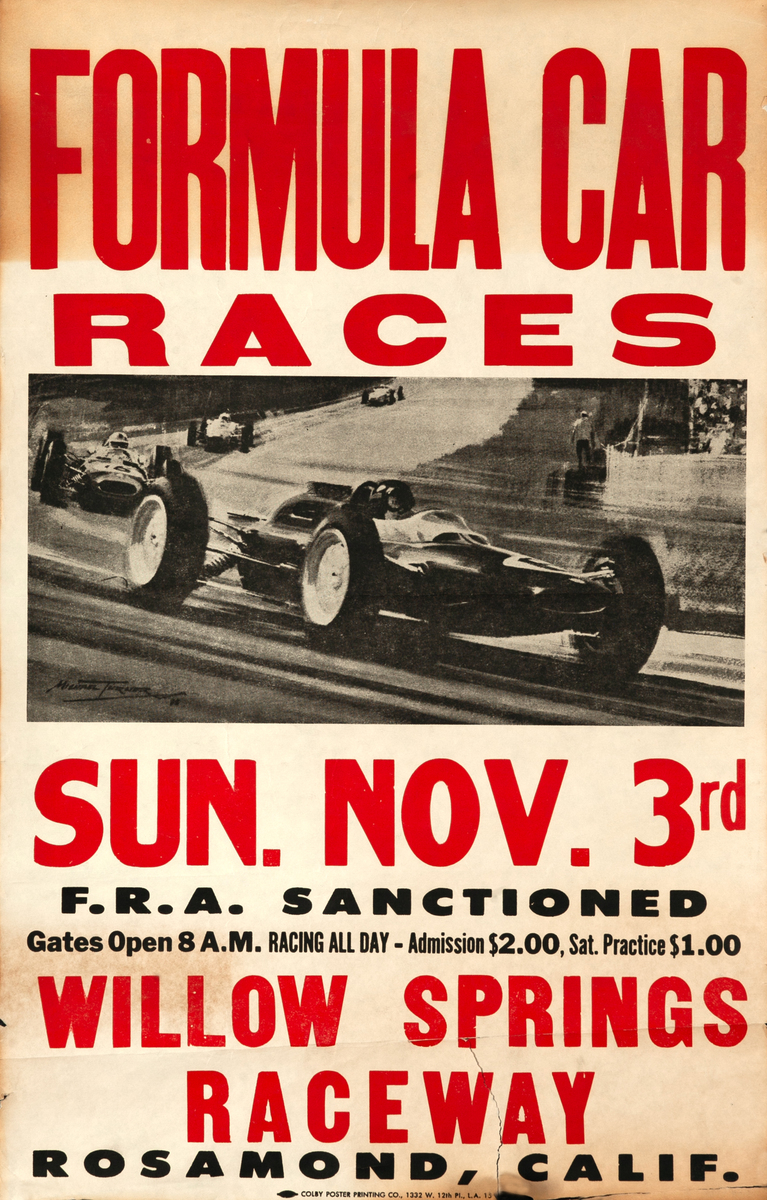 Formula Car Races Willow Springs Raceway Original F1 Racing Poster