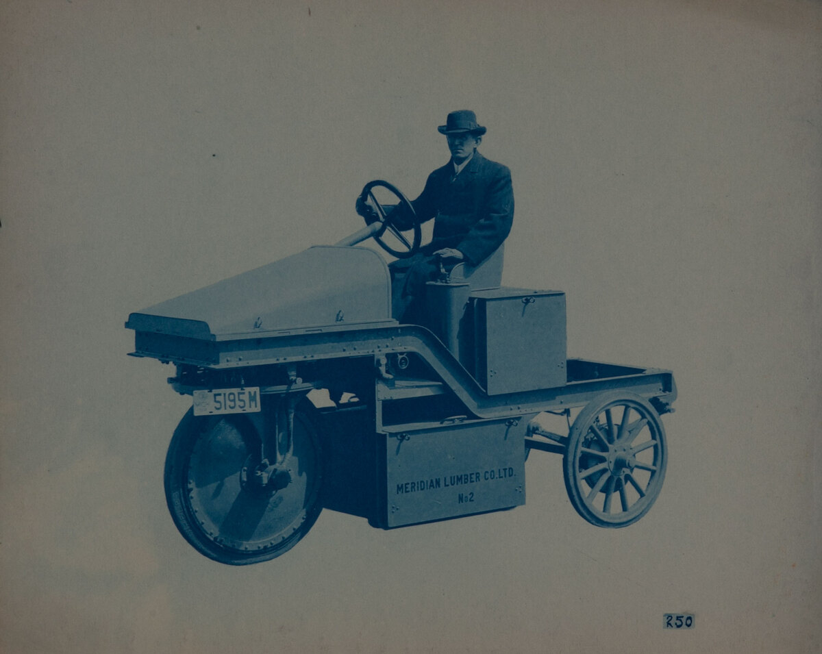 Couple-Gear Freight-Wheel Company Truck Cyanotype Photo 250 Driver in Meridian Lumber Co Three Wheel Yard Car