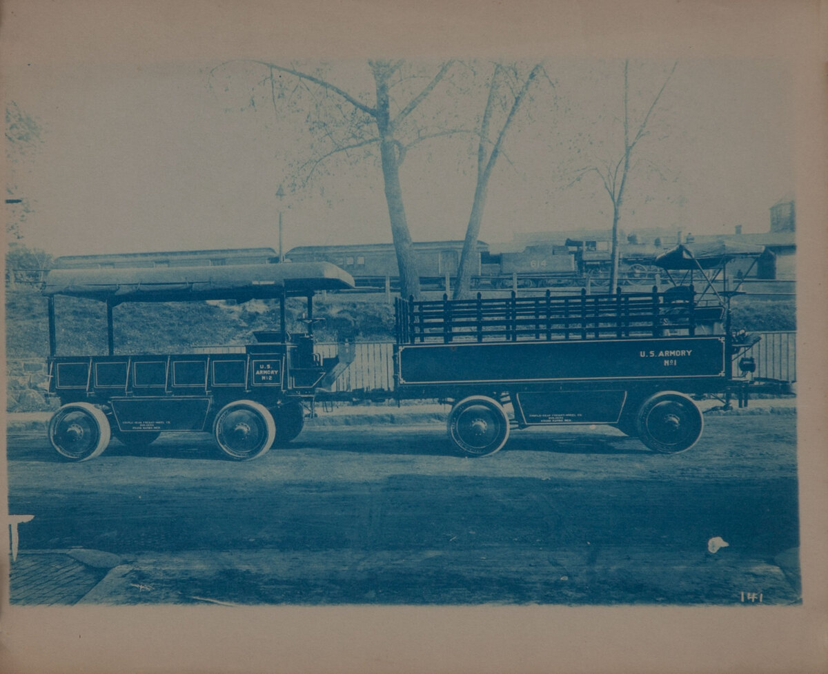 Couple-Gear Freight-Wheel Company Truck Cyanotype Photo 141 US Armory Flatbed and Trailer 