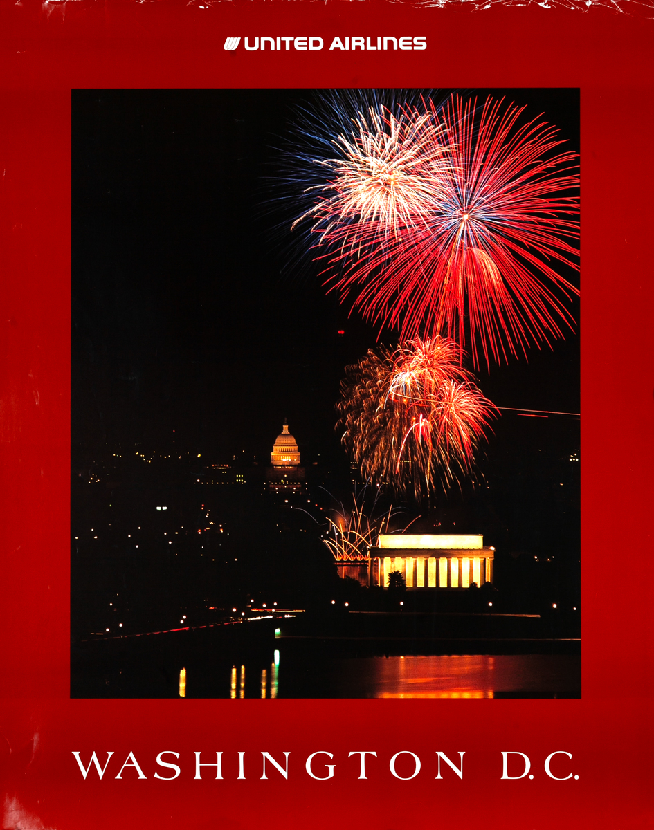 Washington D.C. Original United Airlines Travel Poster Fireworks