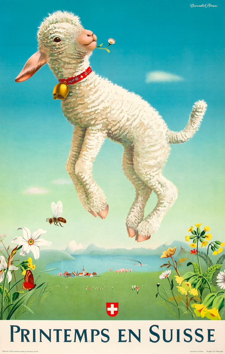 Printemps en Suisse Holidays in Switzerland Original Swiss Travel Poster Bouncing Lamb 