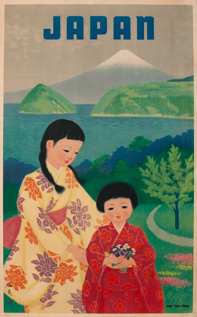 Japan Travel Poster, Mt Fuji Mother and Child with Flowers 