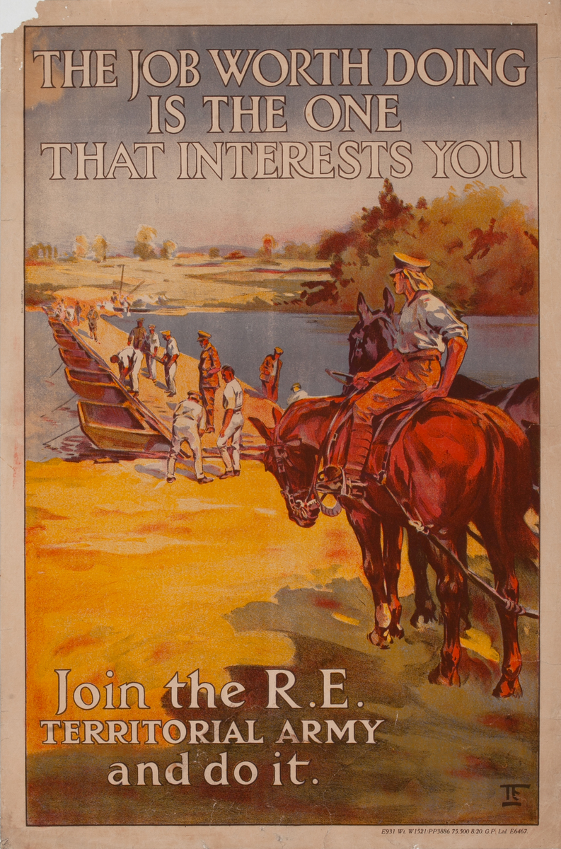 The Job Worth Doing is the one that Interests you. Join the R.E Territorial Army and do it. post-WWI British Recruiting Poster