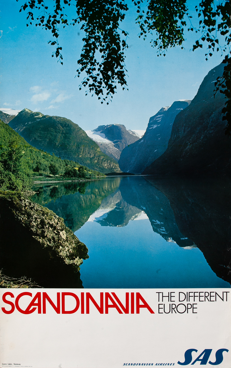 Scandinavia The Different Europe, Loen Lake Norway,  SAS Scandinavian Airlines Travel Poster