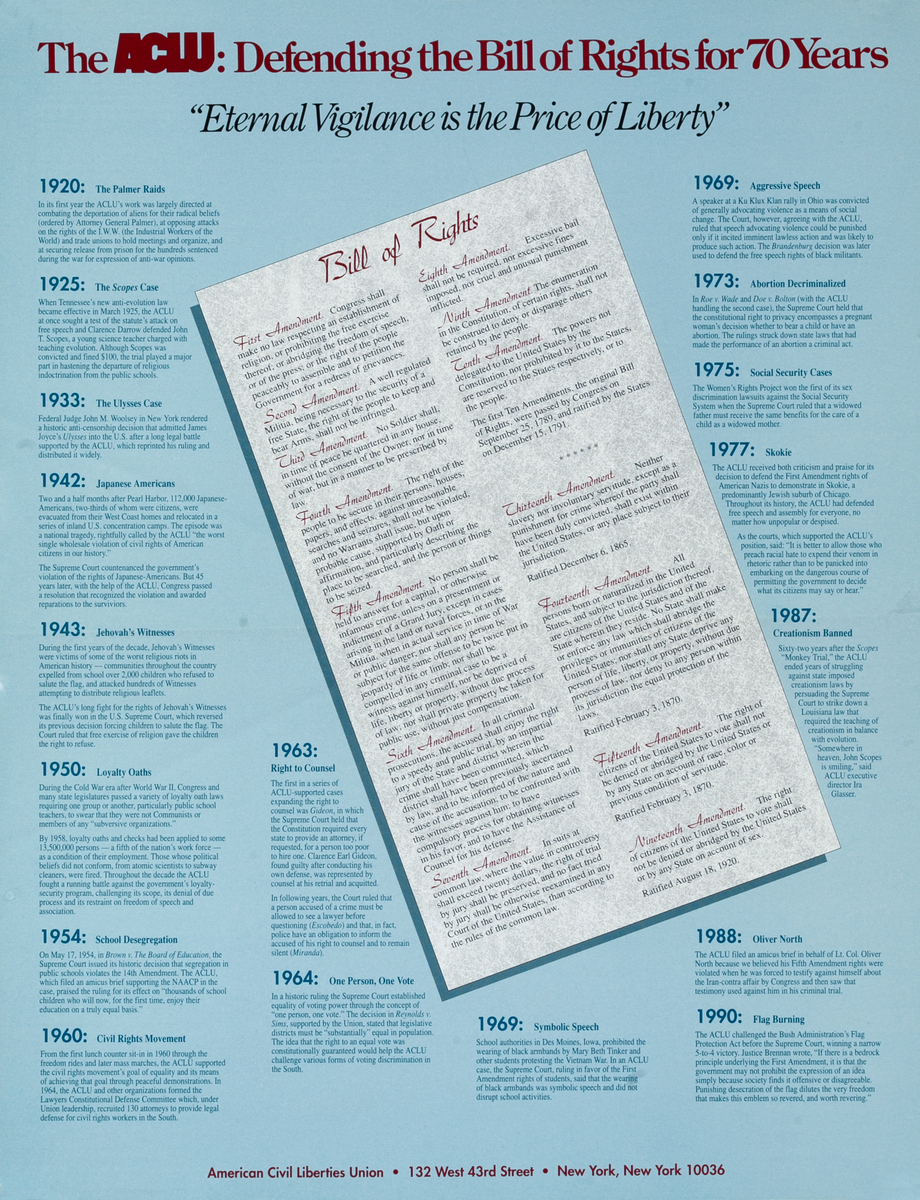 The ACLU Defending Bill of Rights for over 70 years - American Civil Liberties Union Poster