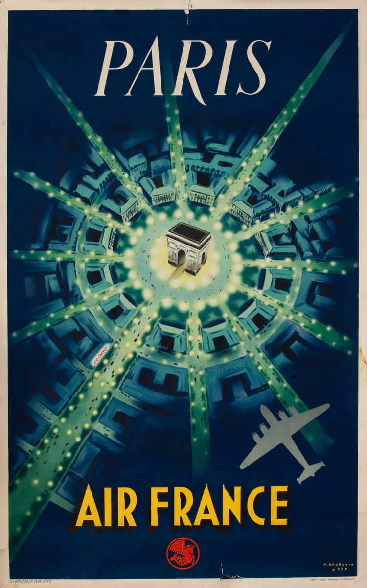 Paris Air France Arc de Triomphe Original Travel Poster 1951