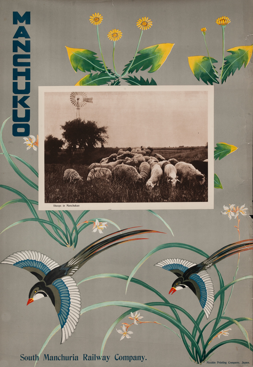 South Manchuria Rail Manchuko Travel Poster Pair of Magpies