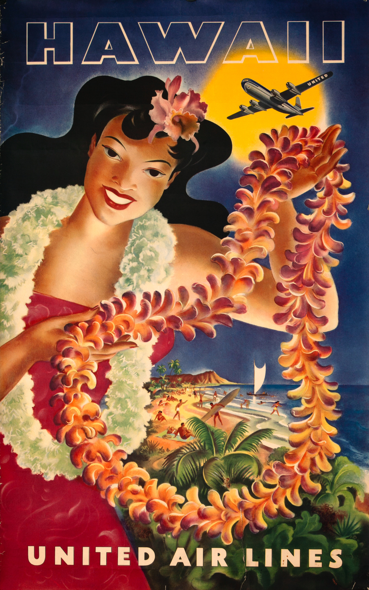 United Airlines Hawaii Original Travel Poster Girl in Red Dress with Lei