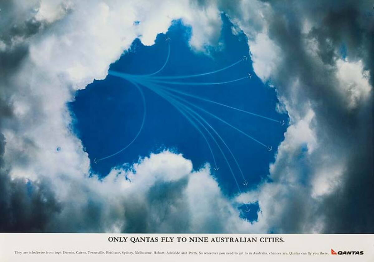 Qantas Airlines Original Travel Poster Cloud and Sky Route Map