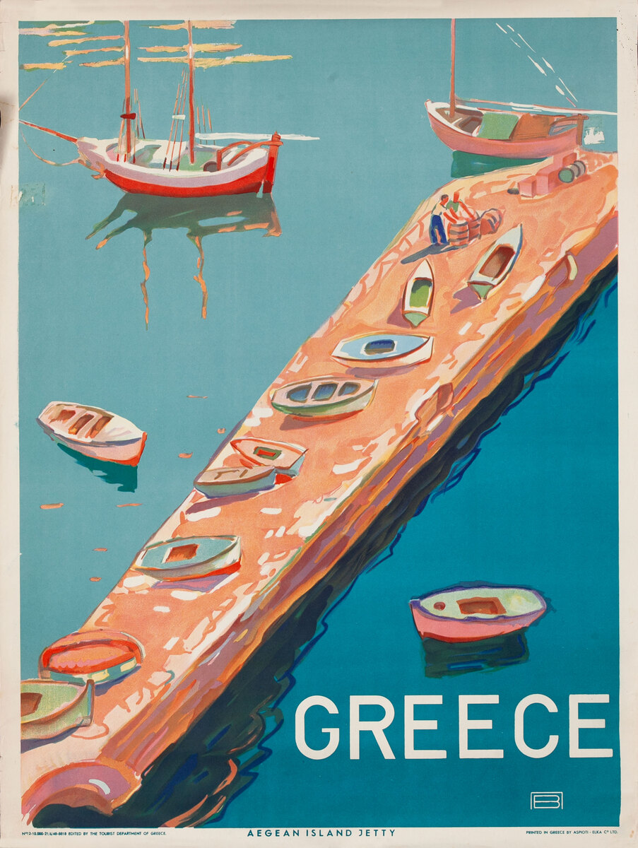 Original Greek Travel Poster Agean Island Jetty