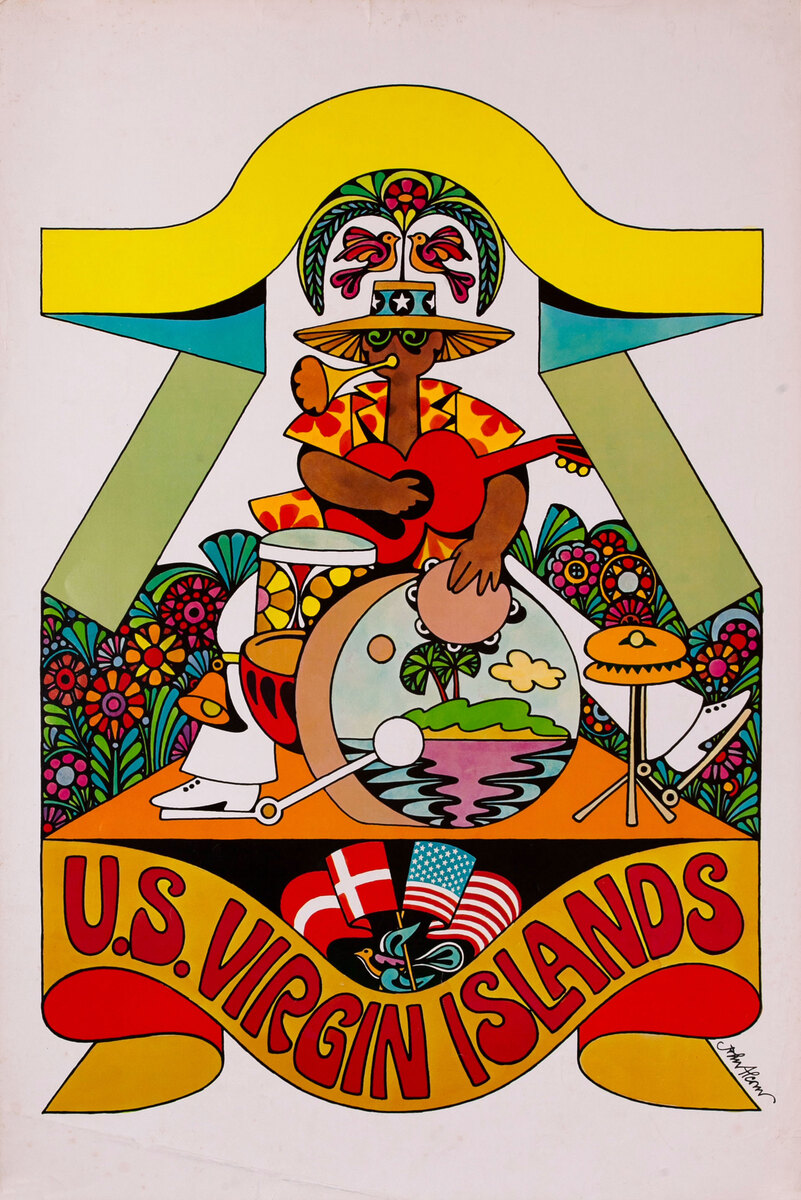 US Virgin Islands Original Vintage Travel Poster Psychedelic 60s