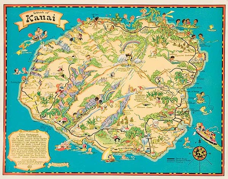 DP Vintage Posters - Island Of Kauai Original [[Hawaii]]n Travel Map Poster