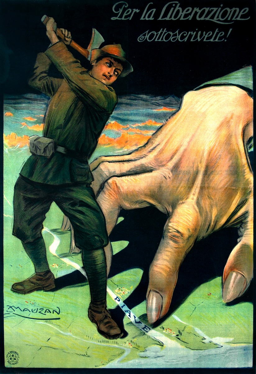 For Liberation Original Vintage WWI Italian Poster Mauzan Giant Hand