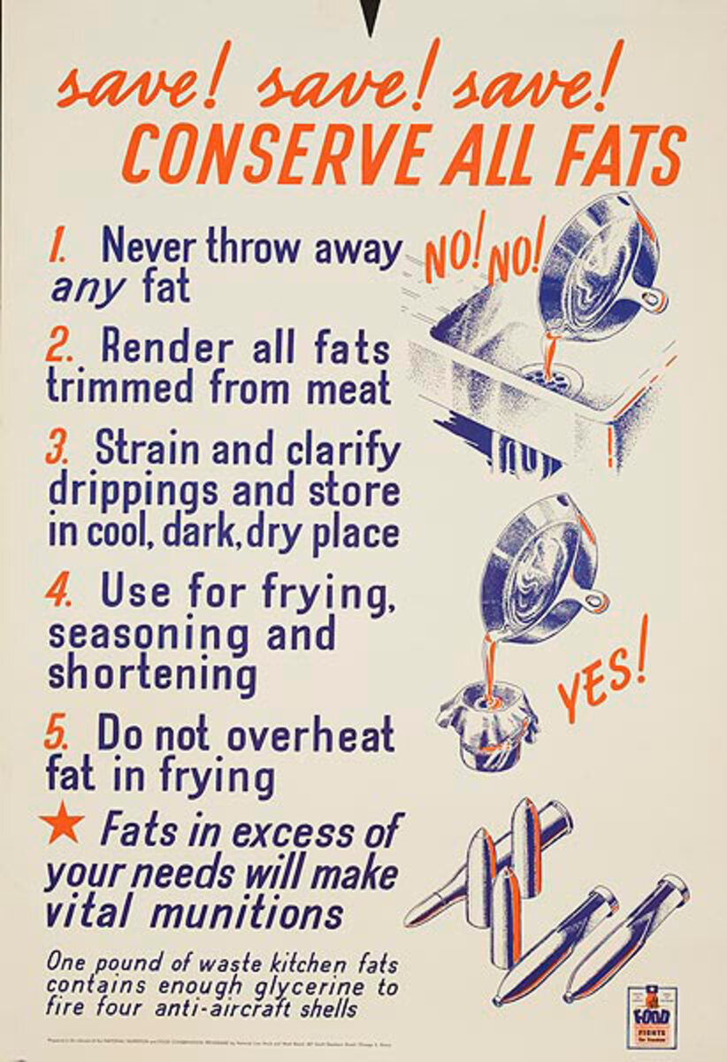 Conserve All Fat Original American WWII Homefront Nutrition Poster