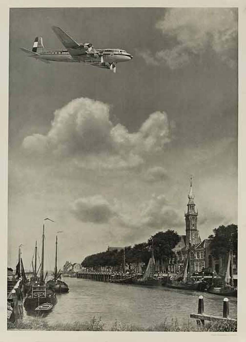 KLM Airplane Over Canal Original Travel Poster B&W Photo