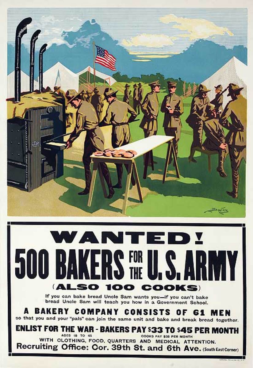 Wanted 500 Bakers for the U.S. Army Original WWI Recruiting poster