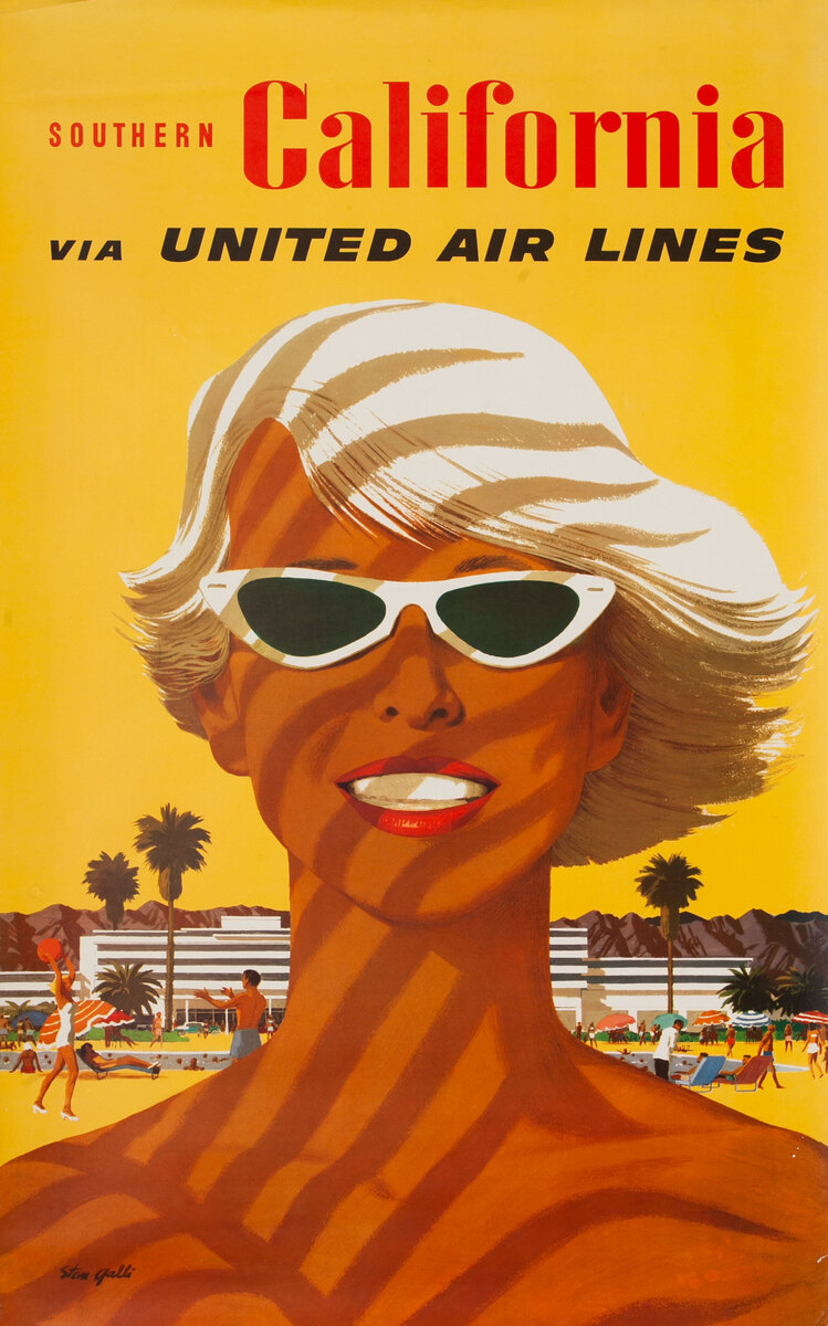 United Air Lines Southern California Original Travel Poster Woman's Face Platinum Blonde