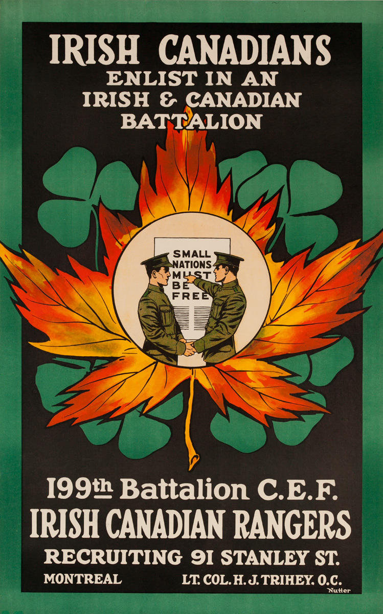 Original WWI Recruiting Poster Irish Canadian Rangers 199th Battalion C.E. F.
