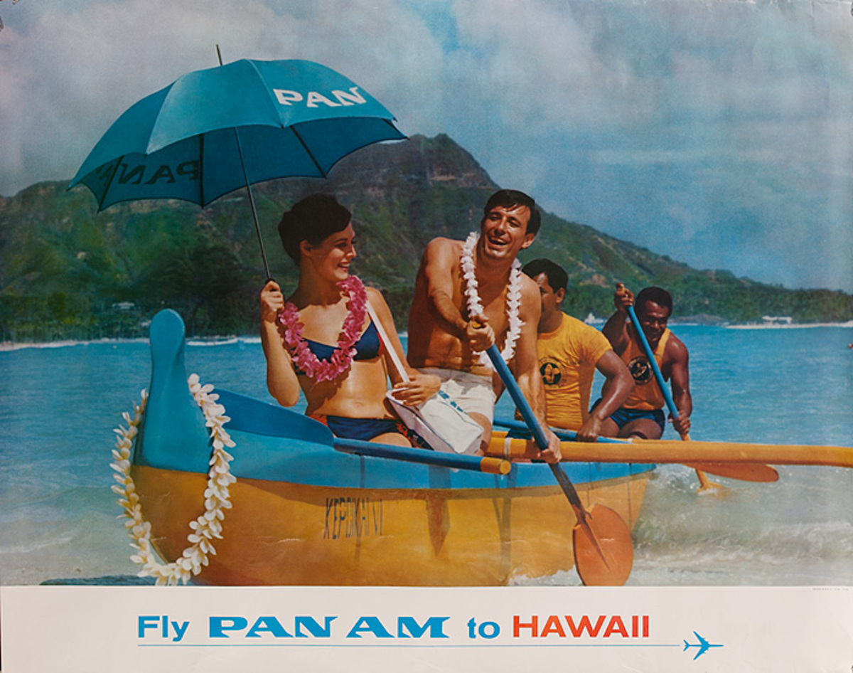 Fly Pan Am to Hawaii Original Travel Poster outrigger photo