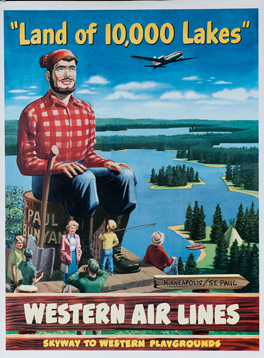 Western Air Lines Land Of a Thousand Lakes Original Travel Poster