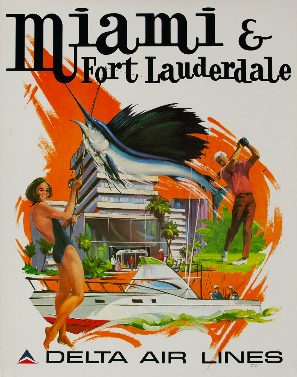 Miami & Fort Lauderdale Original Delta Air Lines Florida Travel Poster