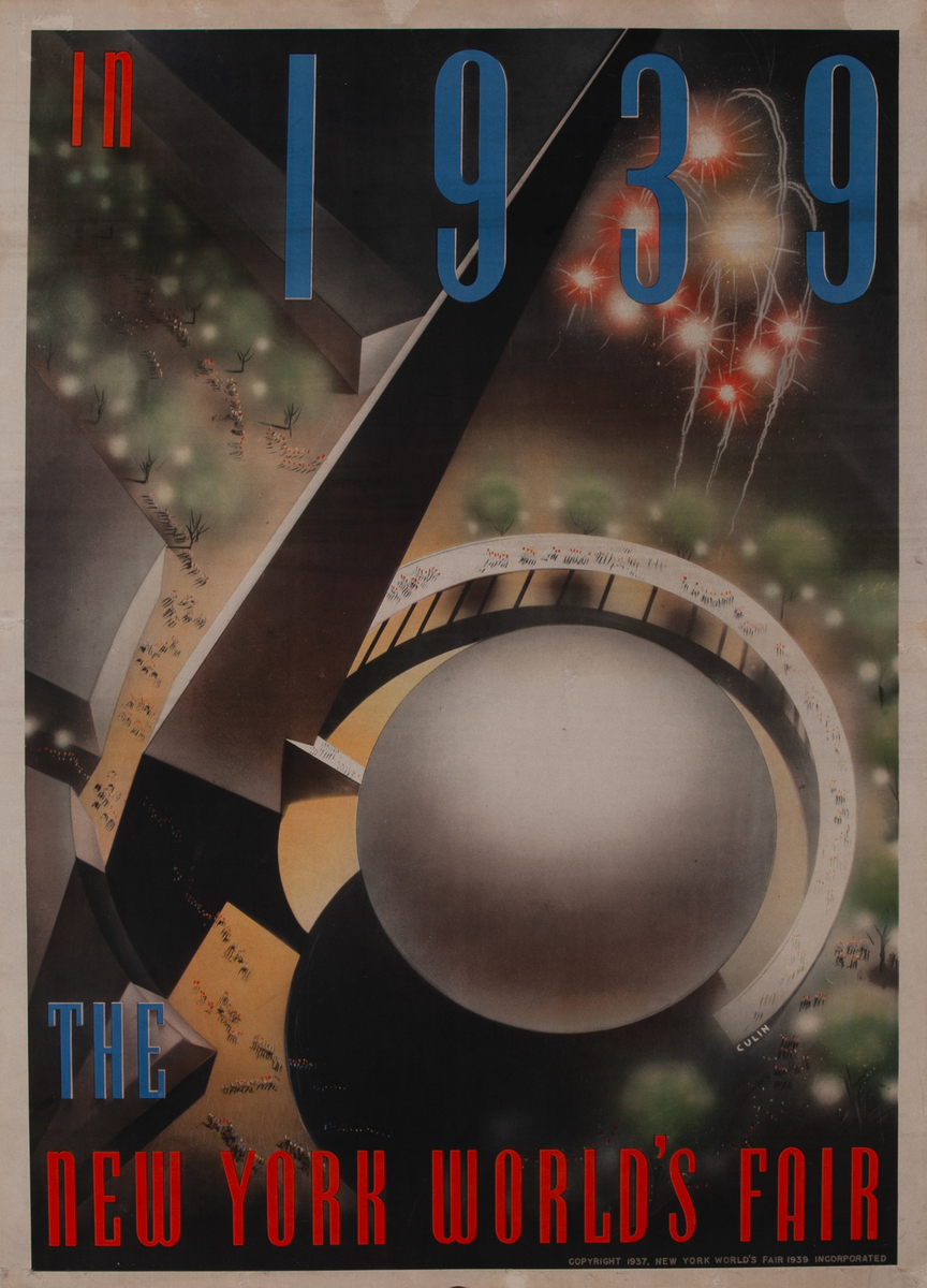 Original 1939 New York World's Fair Poster Overhead View of Trylon and Perisphere   