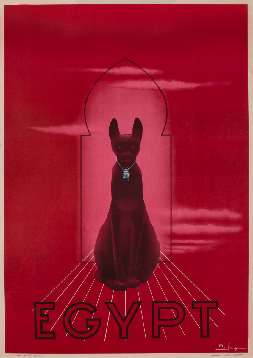 Egypt Original Travel Poster Black Cat with Scarab Necklace