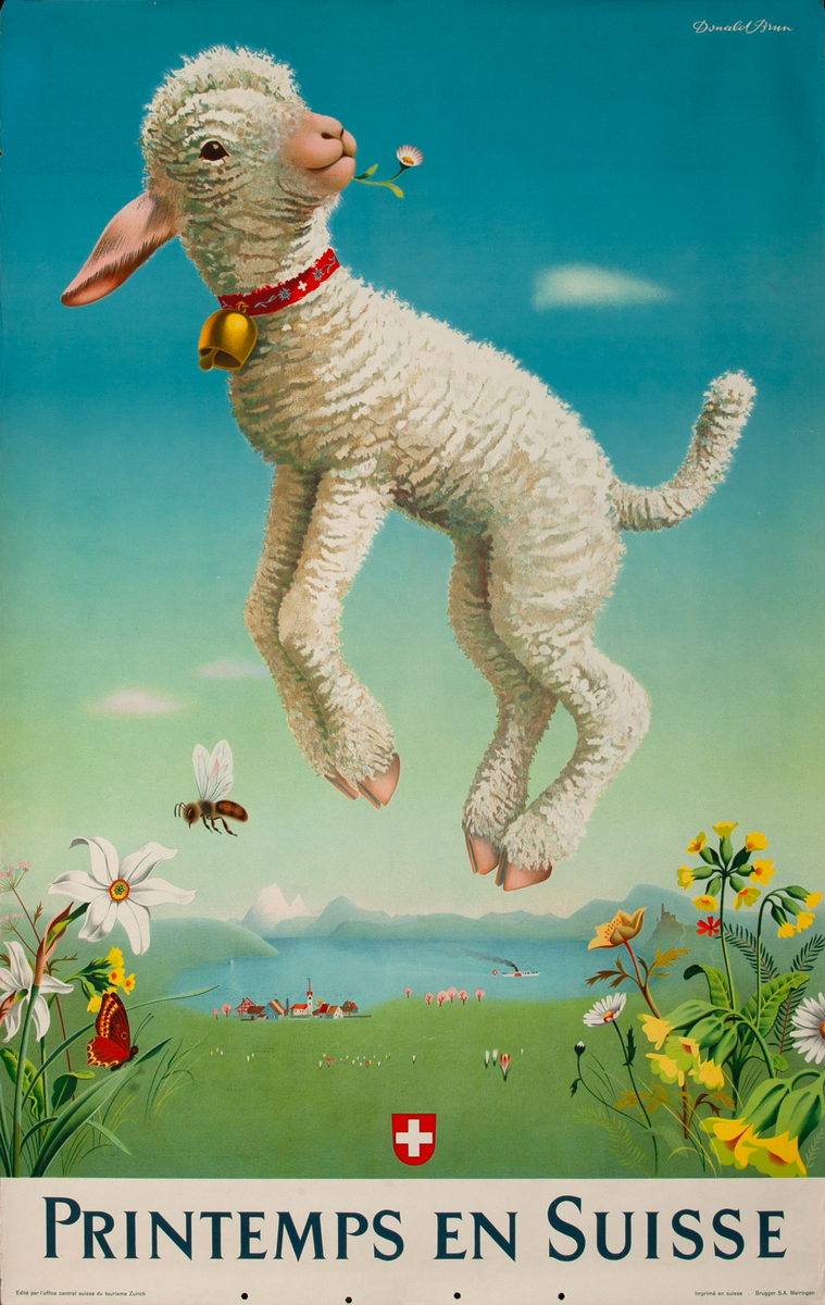 Printemps en Suisse- Holidays in Switzerland Original Swiss Travel Poster Bouncing Lamb