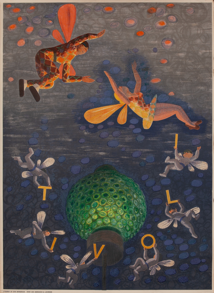 Original Tivoli Gardens Denmark Travel Poster Fireflies