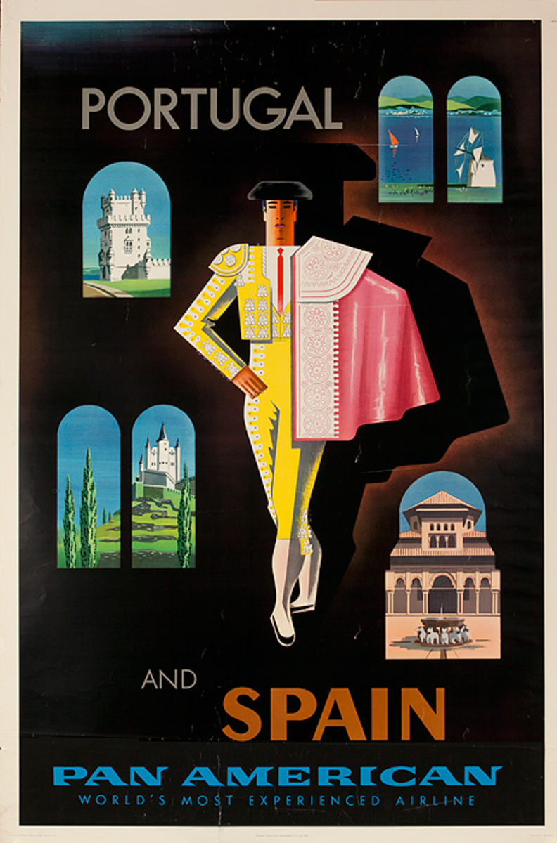 Original Pan Am Travel Poster Portugal and Spain World's Most Experienced Airline 