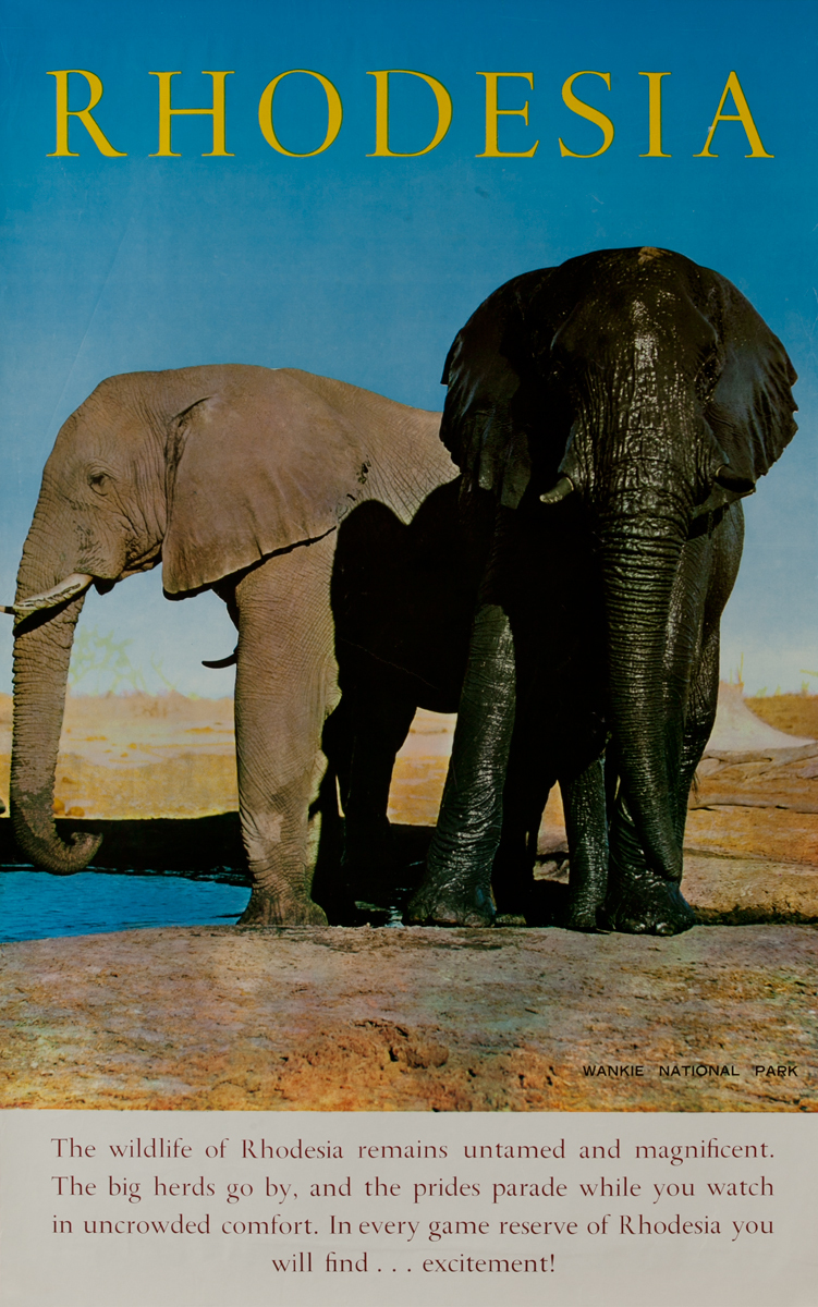 Rhodesia Elephants Original African Travel Poster Wankie National Park |  David Pollack Vintage Posters